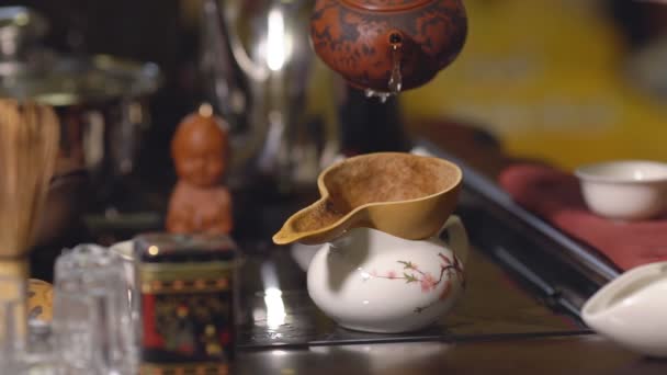 Ceremonia del té. Maestro vierte el té a través de un tamiz — Vídeo de stock