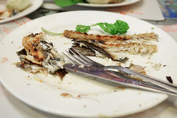 remains of eaten fish on a plate, fork and knife closeup.