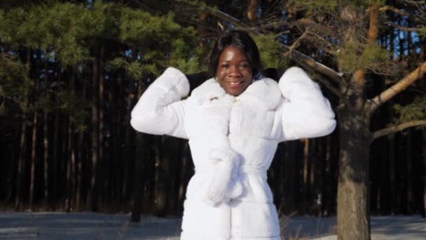 Afroamerikansk flicka poserar mot träd i vinterparken — Stockvideo