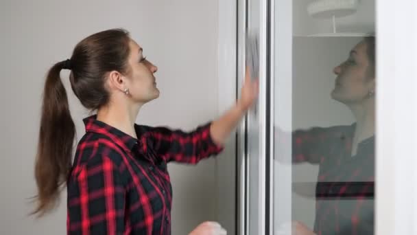 Όμορφη κοπέλα σκουπίζει διαφανή πόρτα με γκρι κουρέλι — Αρχείο Βίντεο