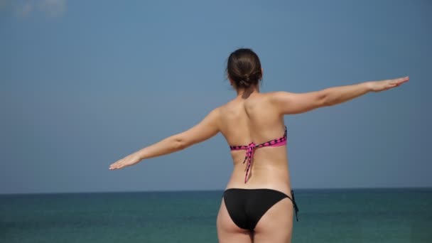 Girl stands on ocean beach imitating flying above airplane — Stock Video