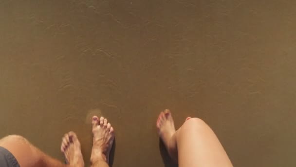 Pieds nus couple promenades le long de la mer plage à l'eau le jour ensoleillé — Video