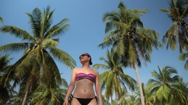 Meisje in bikini wandelingen langs palm grove genieten van exotische natuur — Stockvideo