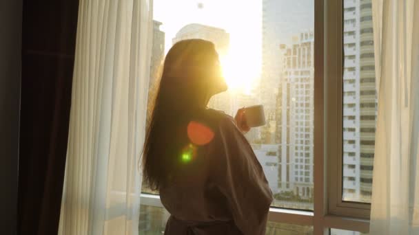 Silhouet van dame drinken heerlijke koffie in de buurt venster — Stockvideo