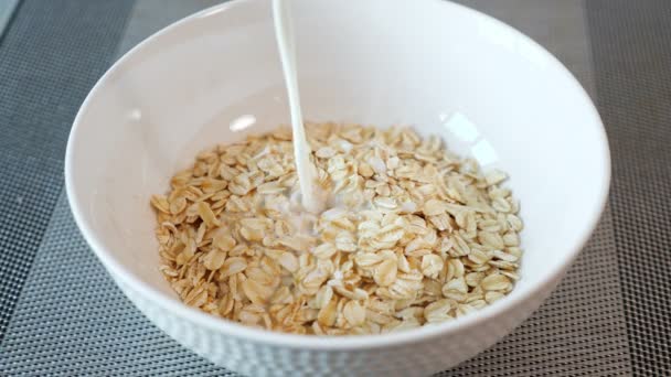 Personne verse du lait frais dans un bol avec des céréales porridge — Video