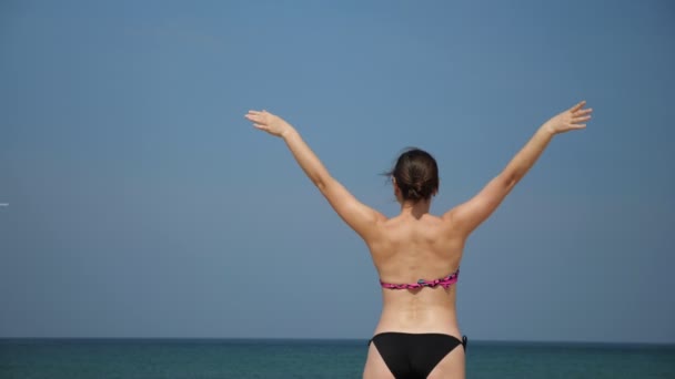 Damen står vid havet och vinkar hej till att flyga ovanför planet — Stockvideo