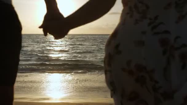 Молодая семья бежит вдоль пляжа к океану — стоковое видео