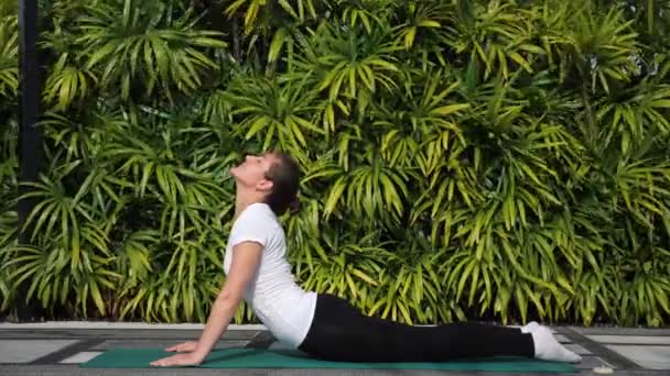 Mujer haciendo estiramiento sobre un fondo de follaje verde. Yoga al aire libre — Vídeos de Stock