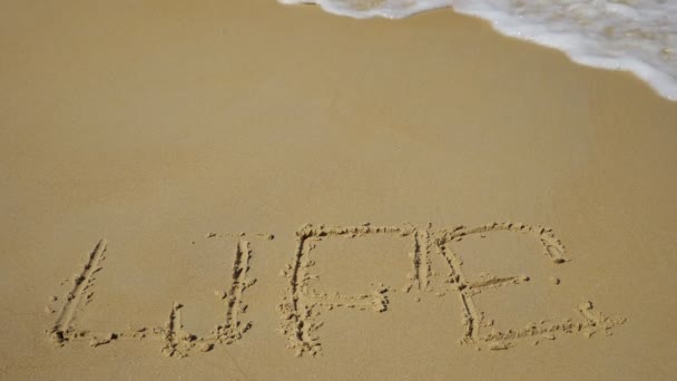Napis na piasku. Fala wody zmywa słowo "życie". Zwolniony ruch — Wideo stockowe