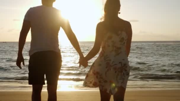 Silhouet van gelukkig paar wandelen langs het strand naar oceaan surfen — Stockvideo