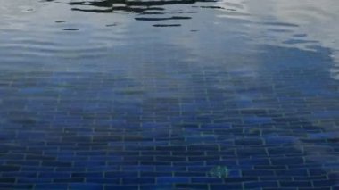 Bikinili esmer otel havuzunda yüzer mavi dalgalı suda