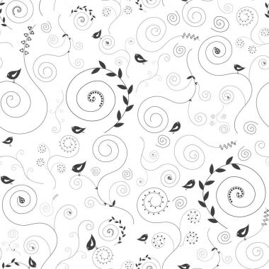Kuşlar ve çiçekler seamless modeli. Beyaz bir arka plan üzerinde siyah desen. Bukleler, karalamalar, yaprakları ve kuşlar. Vektör çizim.