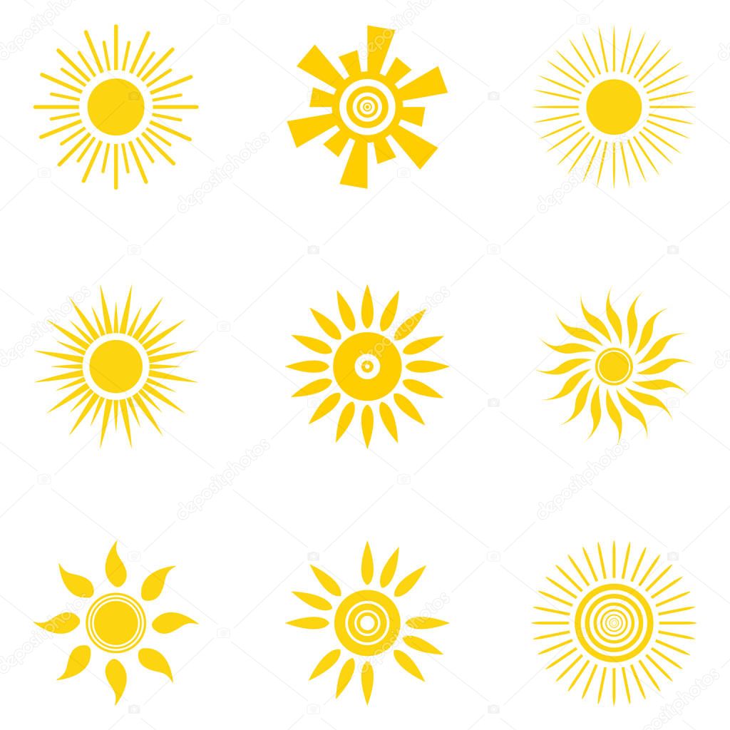 Set of sun icons. Yellow sun of various shapes on white background. Vector illustration. For design.