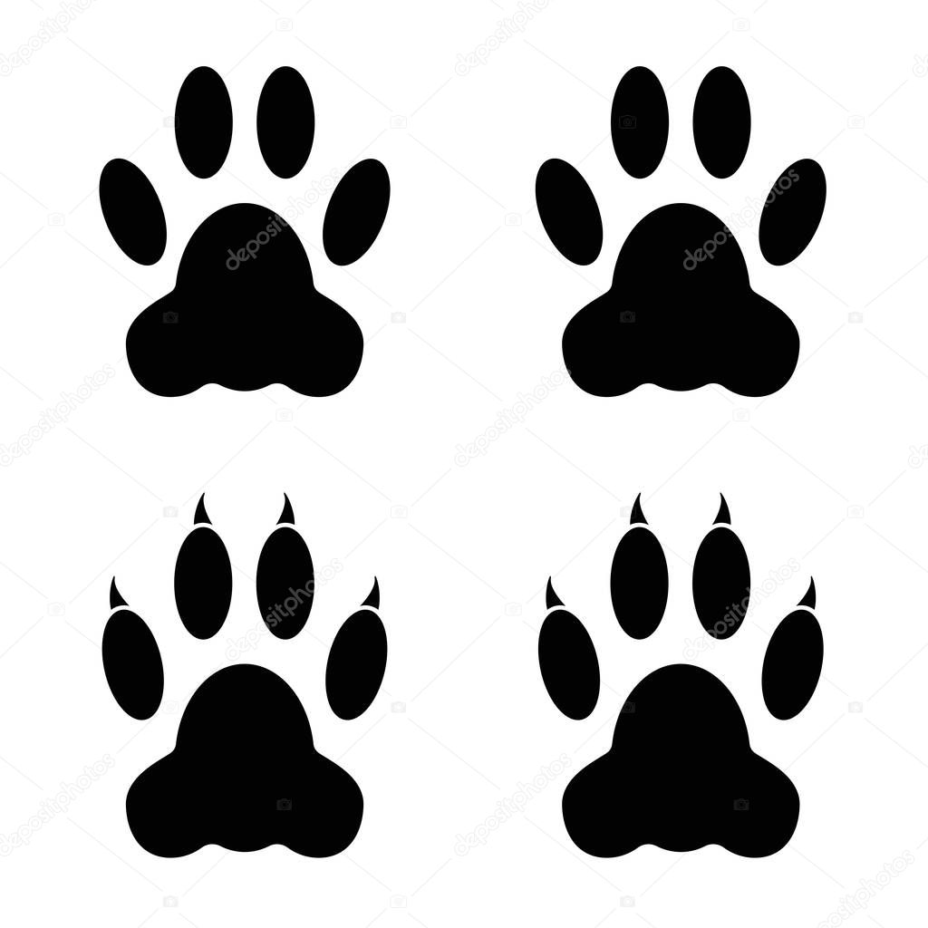 Dog / cat paw prints. Pads are paws with claws and without. Black on a white background.