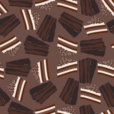 Pasta seamless modeli. Koyu çikolata kumlama ve çikolata parçaları ile sünger kek. Vektör çizim kahverengi zemin üzerine.