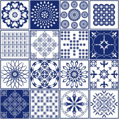 Bir taşı vektör Illustration. Mavi ve beyaz farklı küme desenleri. Sorunsuz arka plan. Tasarım, seramik, tekstil, kağıt için.