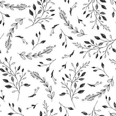 Otlar çeşitli ile Seamless modeli. Beyaz üzerine siyah. Vektör çizim.