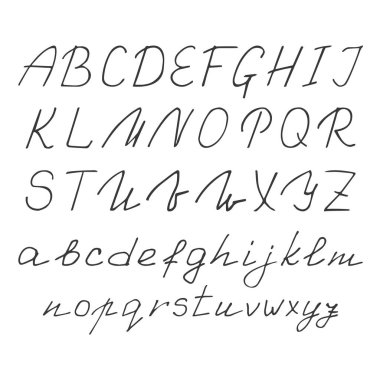 Çizilmiş yazı tipi. Sermaye ve küçük beyaz arka plan üzerinde izole mürekkeple yazılmış mektuplar. İngilizce alfabe.