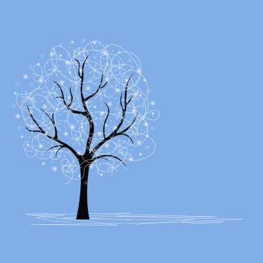 Decorative winter tree on a blue background. Greeting card. Vector illustration.