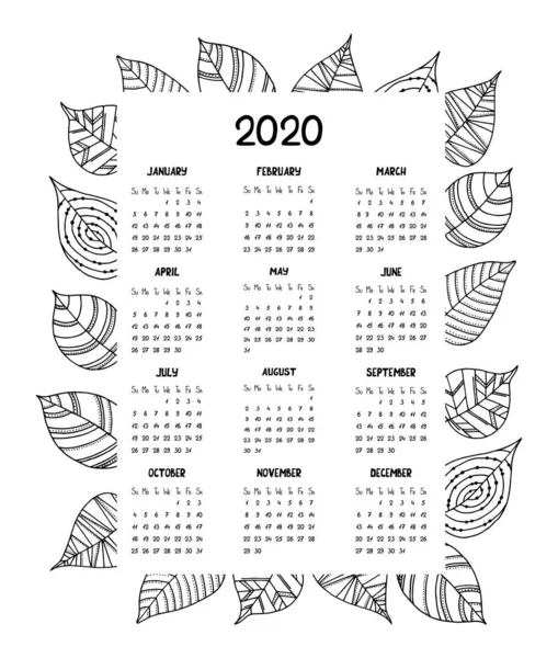 Kalendarz Rok 2020 Ręcznie Rysowanymi Liśćmi Dekoracyjnymi Cute Czarno Biały — Wektor stockowy