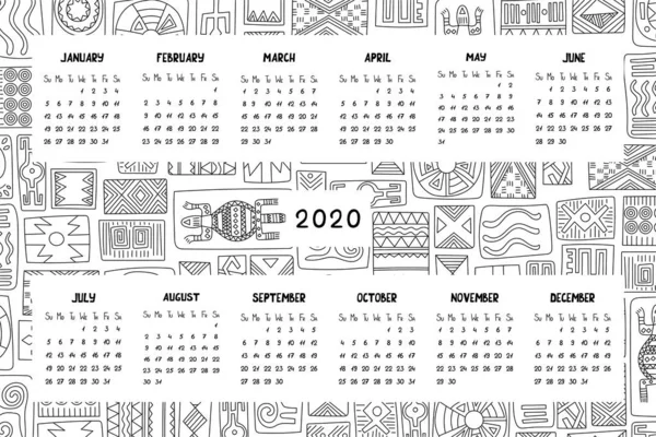 2020 Vektor Naptár Afrikai Díszek Kézzel Rajzolt Illusztráció — Stock Vector