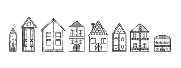 Conjunto Edifícios Desenhados Mão Casas Diferentes Bonito Fundo Branco Ilustração —  Vetores de Stock