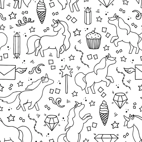 Black White Hand Drawn Seamless Pattern Unicorns Magic Vector Background — Stock Vector