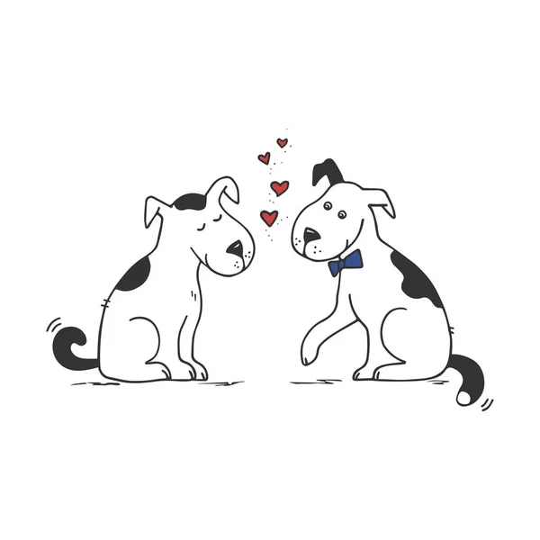 Birbirine aşık köpekler. Kırmızı kalpli iki sevimli köpek. Sevgililer Günü tebrik kartı için bir fikir. Vektör Doodle çizimi.