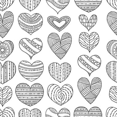 Elle çizilmiş dekoratif kalpler karalama tarzında pürüzsüz desen. Kalp boyama sayfası. 