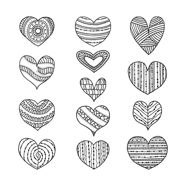 Dibujado Mano Blanco Negro Diferentes Corazones Signo Conjunto Ilustración Vectorial — Archivo Imágenes Vectoriales