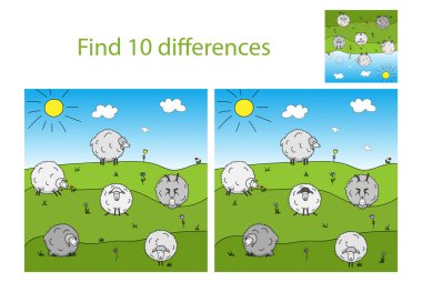 Otlakta otlayan komik koyunlar. 10 farklılık bul. Çocuklar için eğitici bir oyun.