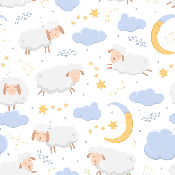 Bezproblémový Vzor Spícími Ovcemi Letícími Hvězdné Obloze Mezi Mraky Souhvězdími — Stockový vektor