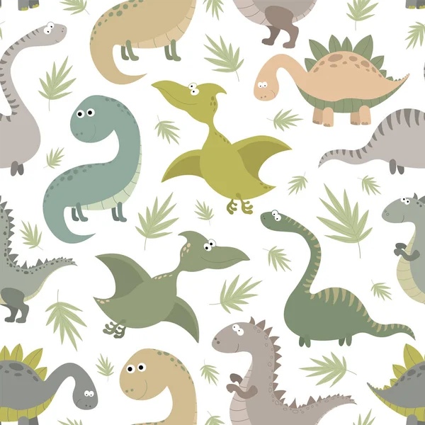 恐竜や熱帯の葉とシームレスなパターン キュートなディノデザインのベクトルイラスト — ストックベクタ