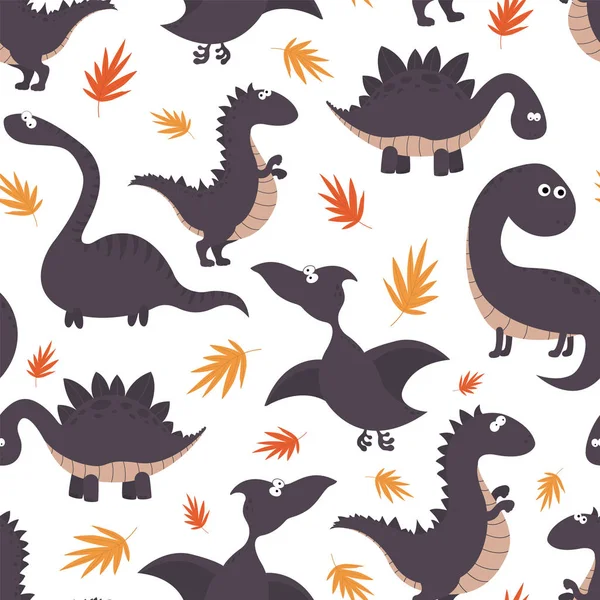 Childish Seamless Pattern Dinosaurs Tropical Leaves Vector Illustration White Background — Stock Vector