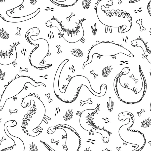 Cute Dinosaurs Hand Drawn Vector Seamless Pattern Black White Background — Stock Vector