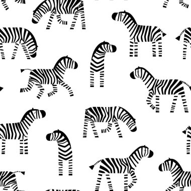 Komik Zebra kusursuz desen. Beyaz arka planda şirin bir Zebra çizgi filmi. Vektör illüstrasyonu.