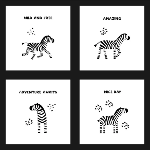 Verzameling Van Schattige Kaarten Met Belettering Zebra Afrikaanse Dier Cartoon — Stockvector