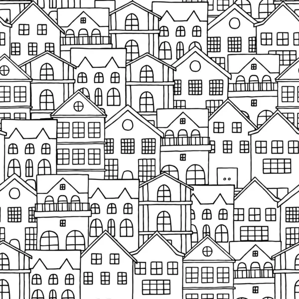 City Seamless Pattern Hand Drawn Houses Black White Vector Illustration — ストックベクタ
