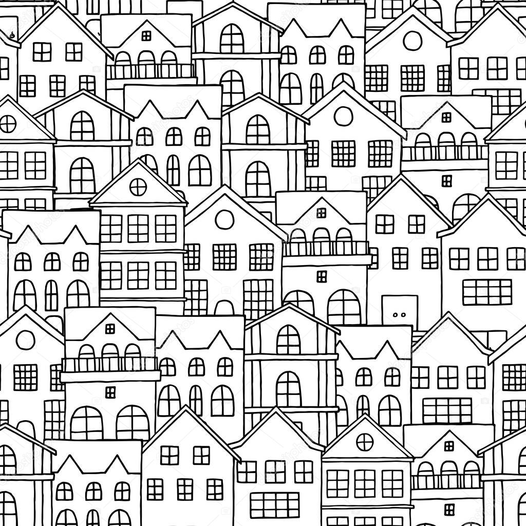 City seamless pattern with hand drawn houses. Black and white vector illustration.