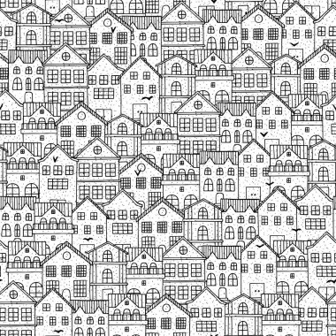 Elle çizilmiş evleri olan kusursuz bir vektör şehri. Doodle evleri arka plan.