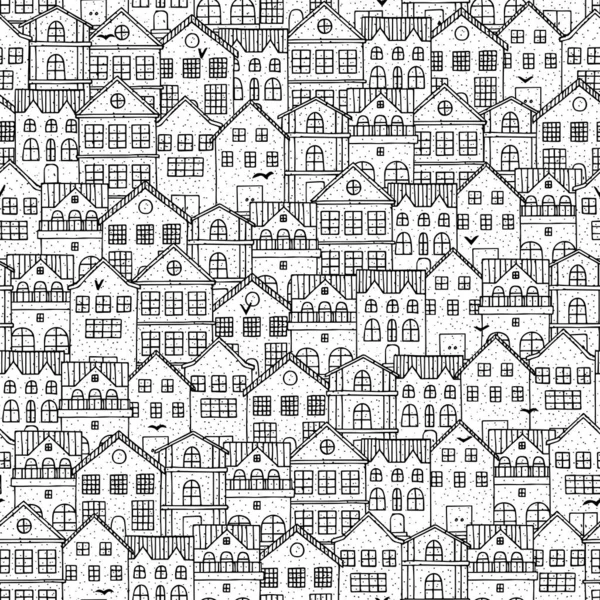 手描きの家とベクトル都市シームレスパターン 落書きの家の背景 — ストックベクタ