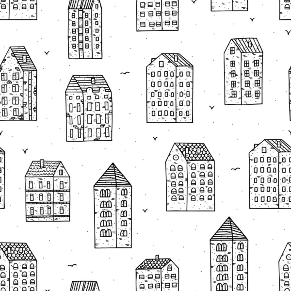 白い背景にドアスタイルで手描きの家と都市のシームレスなパターン 都市景観 — ストックベクタ