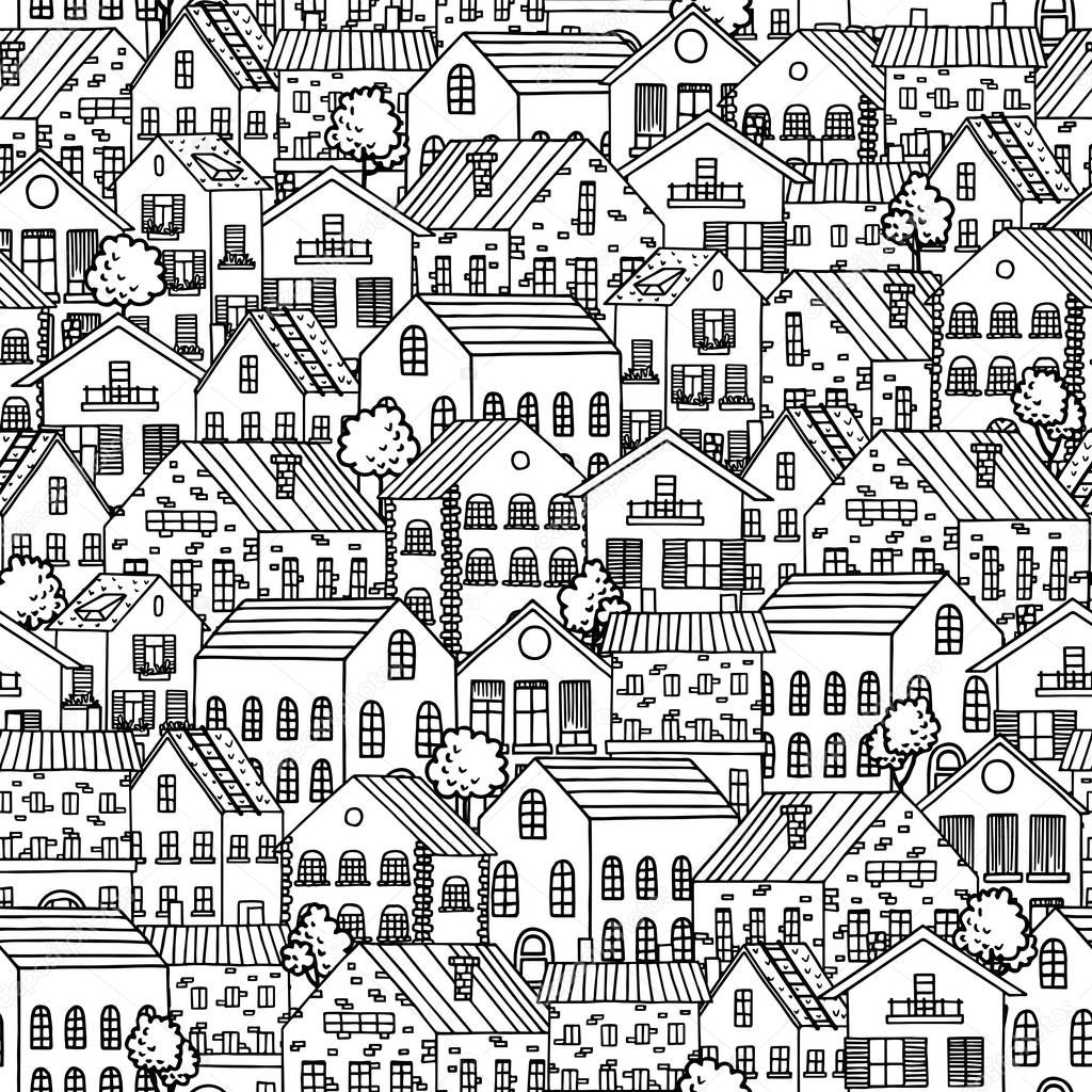 Seamless pattern with city houses. Black and white seamless background with cute city houses and trees. Vector illustration.