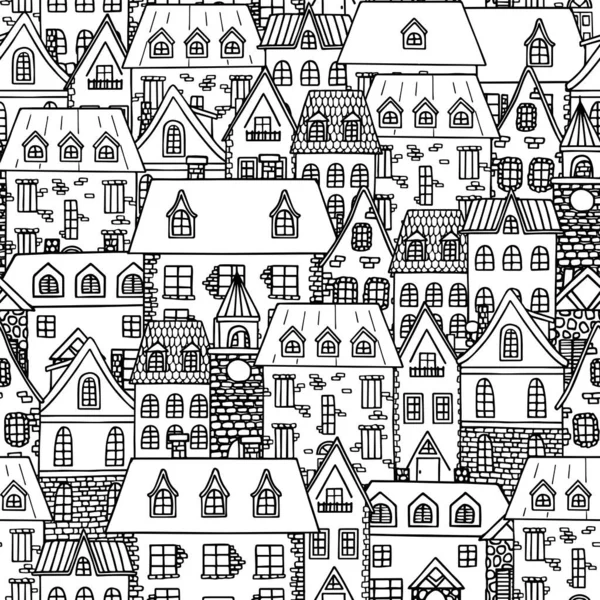 旧市街のシームレスなパターン 手の古い家 都市景観を描いた ベクターイラスト — ストックベクタ