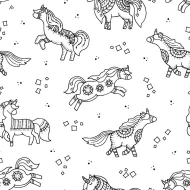 Siyah ve beyaz el, tek boynuzlu atlarla kusursuz desen çizmiş. Karalama biçiminde vektör arkaplanı.