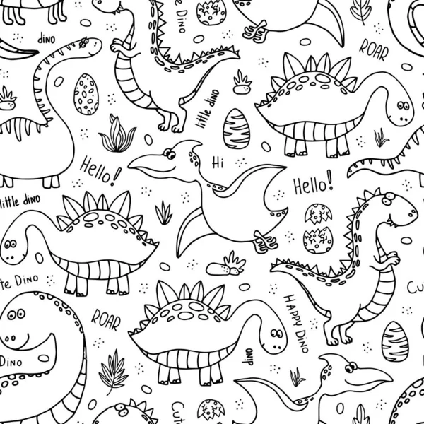 Komik dinozorlarla kusursuz bir düzen. Şirin bir dino geçmişi var. Siyah ve beyaz vektör arkaplanı.