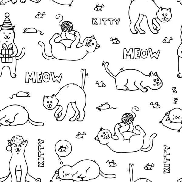 Seamless Pattern Doodle Cats Hand Drawn Black White Vector Illustration — Stock Vector