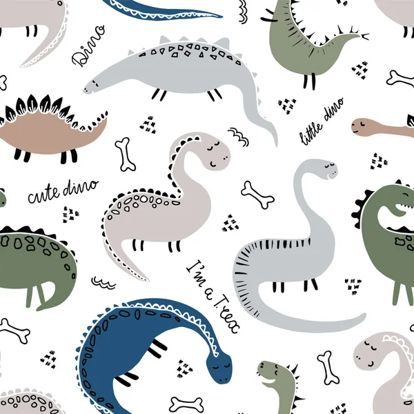 Lindo Patrón Sin Costuras Dinosaurios Divertidos Dibujado Mano Dinosaurios Coloridos — Vector de stock