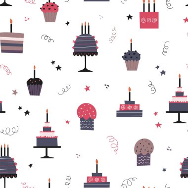Tatlı kekler ve kusursuz kekler. Düz bir arka planda, kusursuz bir doğum günü. Vektör illüstrasyonu.