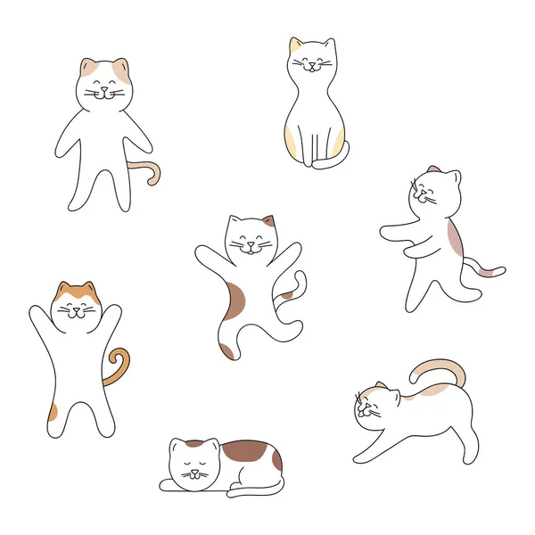 Ręcznie Rysowane Słodkie Koty Różnych Pozach Białym Tle Ilustracja Wektora — Wektor stockowy